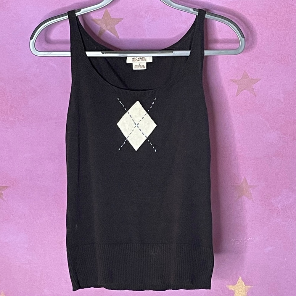 Michael Kors Women’s Sweater Tank Boat Neck Argyle Black Small